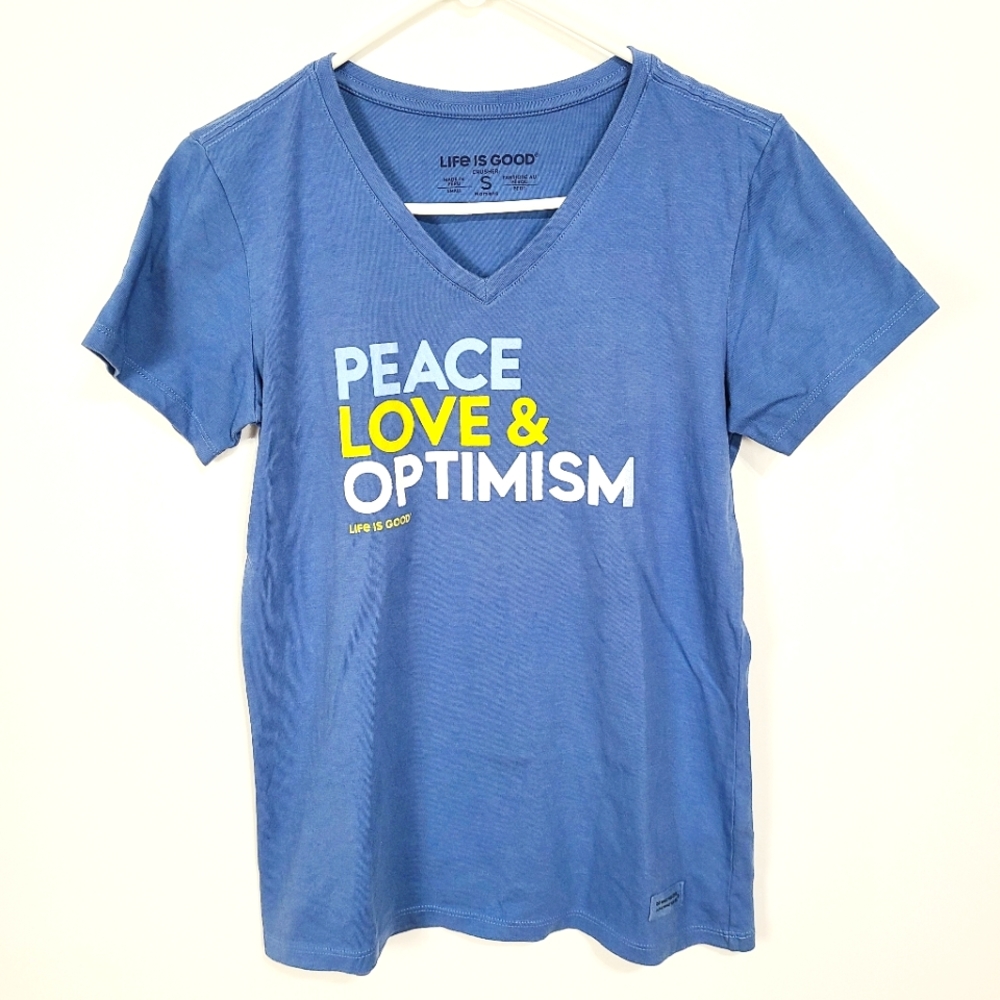 Life is Good | NWT Peace Love Optimism Women's Crusher Tee V-Neck Blue S…